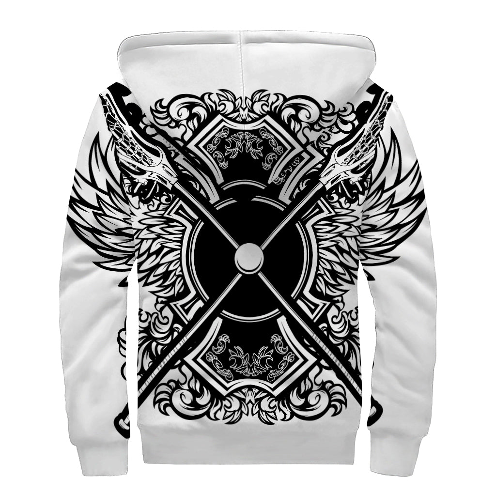 Lacrosse Sticks And Ornate Wing Print Sherpa Lined Zip Up Hoodie