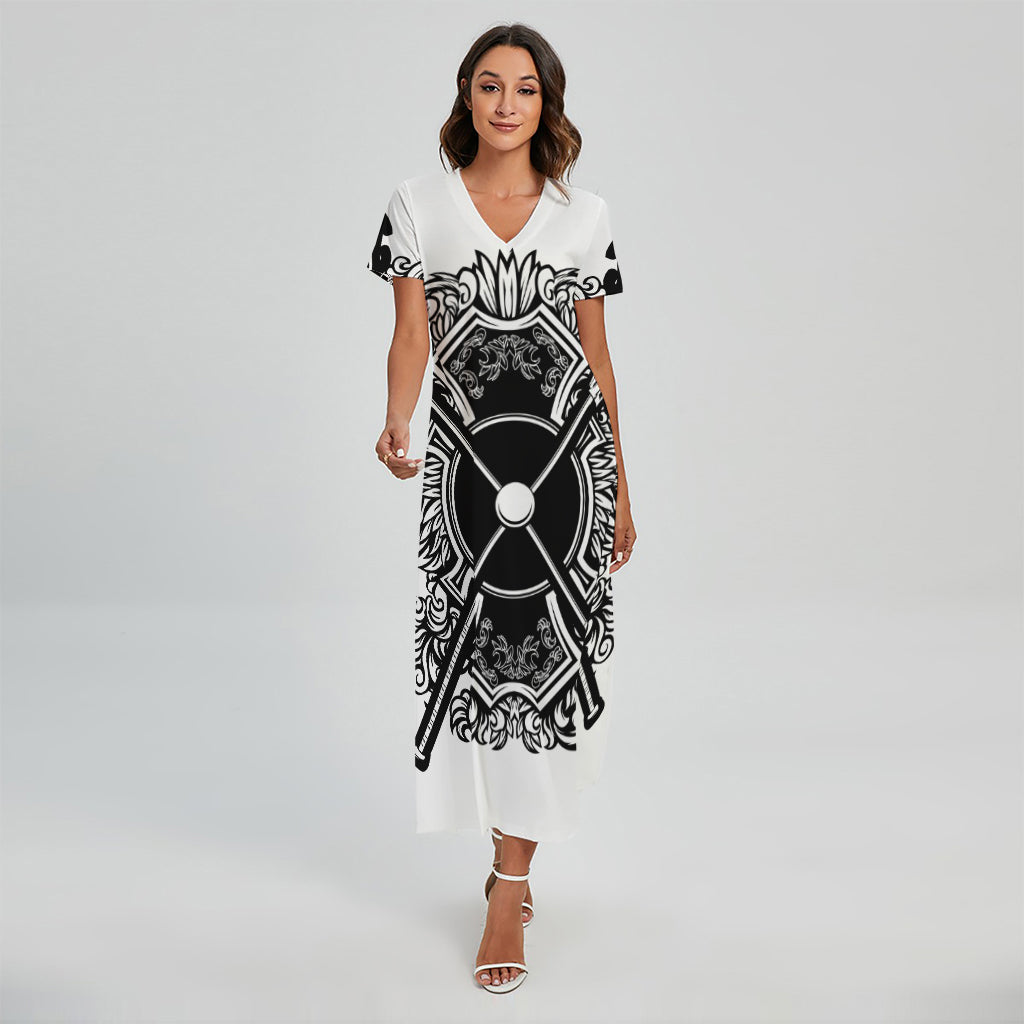 Lacrosse Sticks And Ornate Wing Print Short Sleeve Maxi Dress