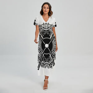 Lacrosse Sticks And Ornate Wing Print Short Sleeve Maxi Dress