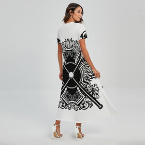 Lacrosse Sticks And Ornate Wing Print Short Sleeve Maxi Dress