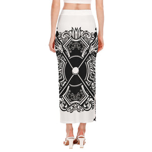 Lacrosse Sticks And Ornate Wing Print Side Slit Maxi Skirt