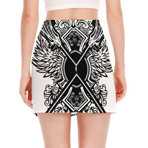 Lacrosse Sticks And Ornate Wing Print Side Slit Mini Skirt