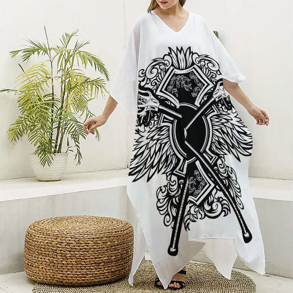 Lacrosse Sticks And Ornate Wing Print Silk V-Neck Kaftan Dress