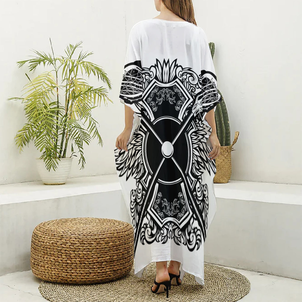 Lacrosse Sticks And Ornate Wing Print Silk V-Neck Kaftan Dress