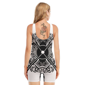 Lacrosse Sticks And Ornate Wing Print Sleeveless One Piece Swimsuit