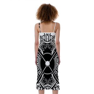 Lacrosse Sticks And Ornate Wing Print Slim Fit Midi Cami Dress