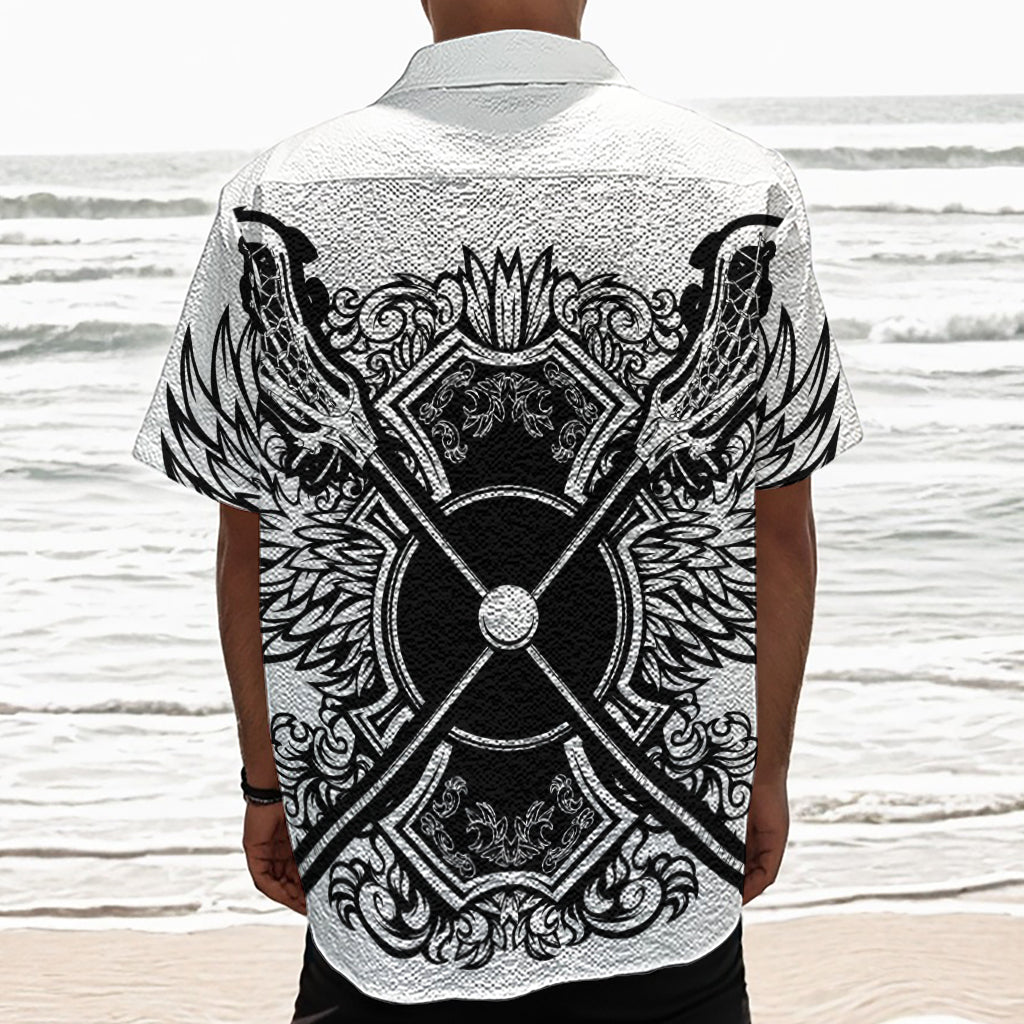 Lacrosse Sticks And Ornate Wing Print Textured Short Sleeve Shirt