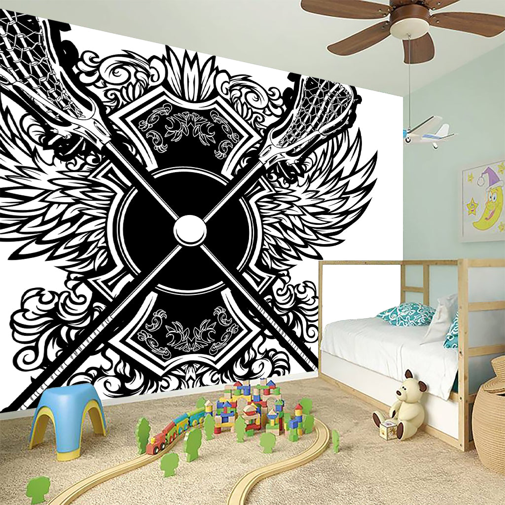 Lacrosse Sticks And Ornate Wing Print Wall Sticker