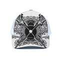 Lacrosse Sticks And Ornate Wing Print White Mesh Trucker Hat