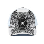 Lacrosse Sticks And Ornate Wing Print White Mesh Trucker Cap