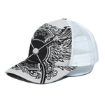 Lacrosse Sticks And Ornate Wing Print White Mesh Trucker Cap