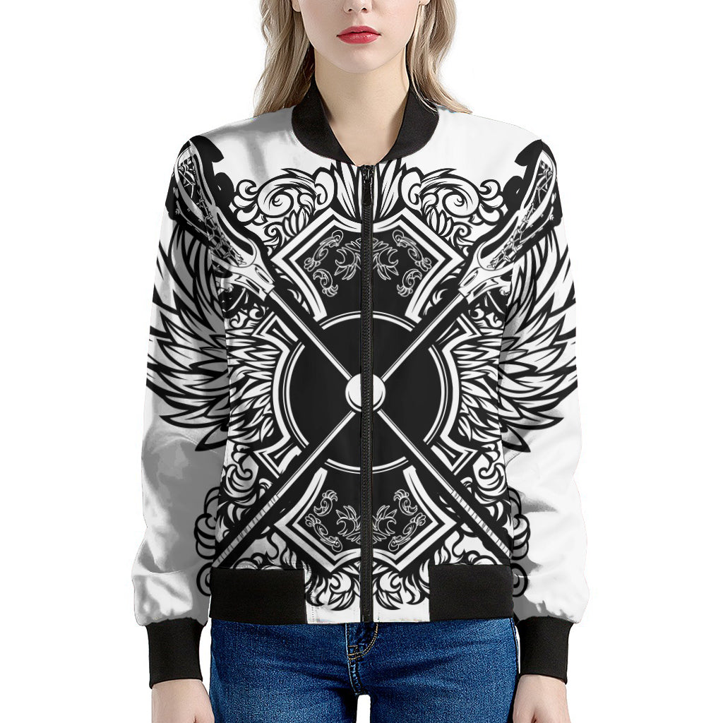 Lacrosse Sticks And Ornate Wing Print Women's Bomber Jacket