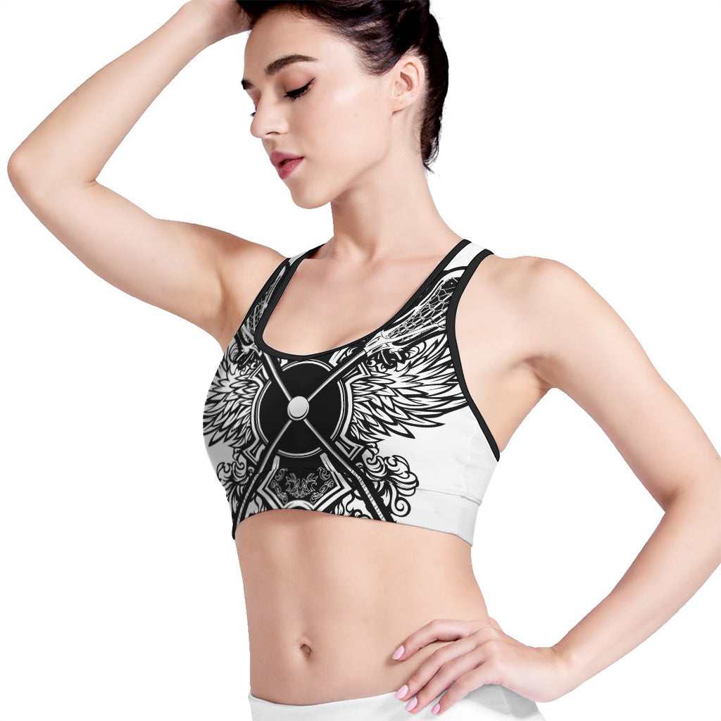 Lacrosse Sticks And Ornate Wing Print Women's Sports Bra