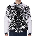 Lacrosse Sticks And Ornate Wing Print Zip Sleeve Bomber Jacket