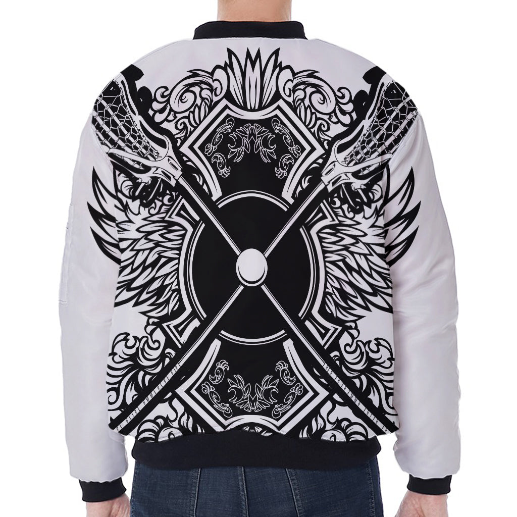 Lacrosse Sticks And Ornate Wing Print Zip Sleeve Bomber Jacket