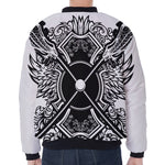 Lacrosse Sticks And Ornate Wing Print Zip Sleeve Bomber Jacket