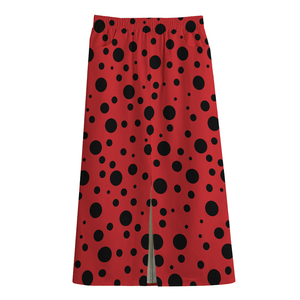 Ladybug Spots Pattern Print Cotton Front Slit Maxi Skirt