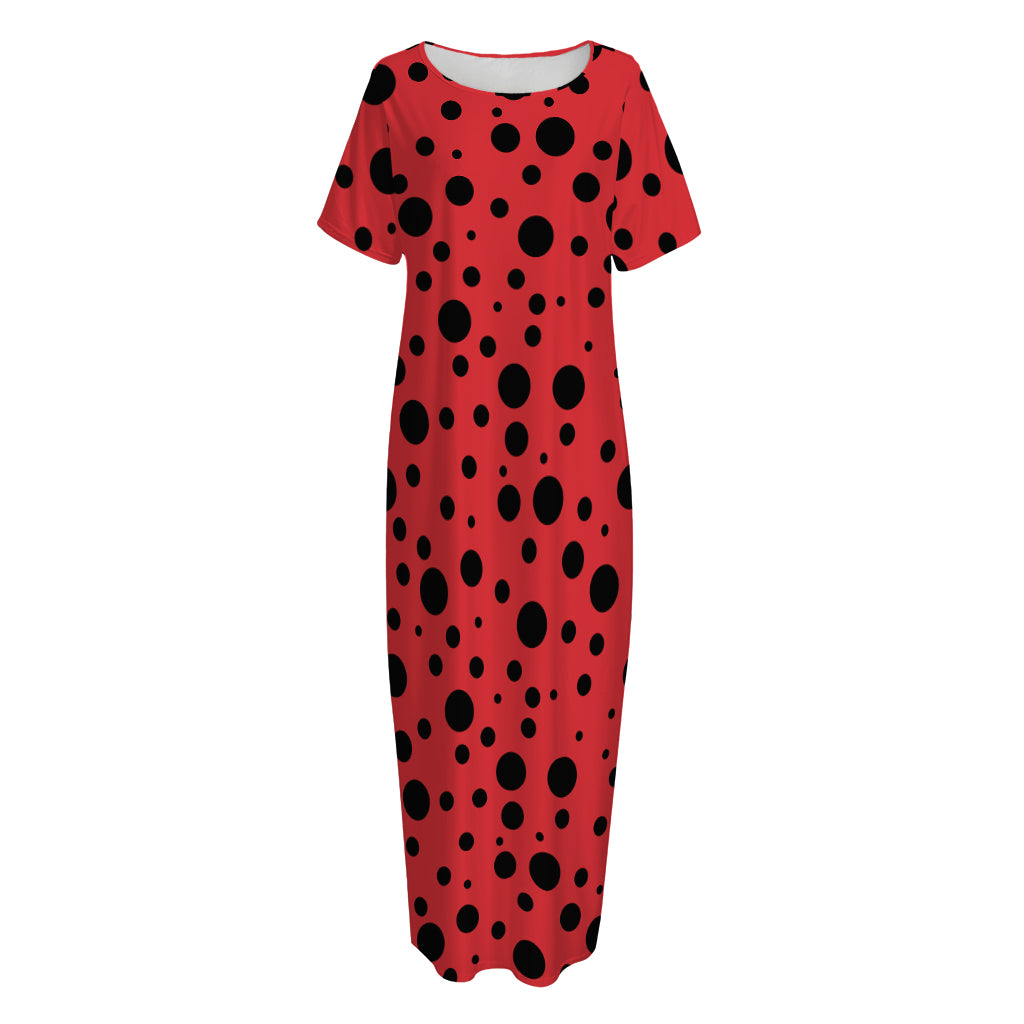 Ladybug Spots Pattern Print Short Sleeve Long Nightdress