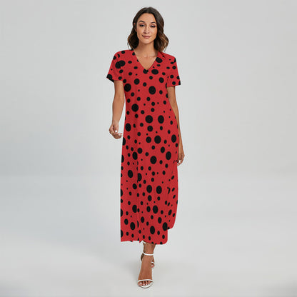 Ladybug Spots Pattern Print Short Sleeve Maxi Dress