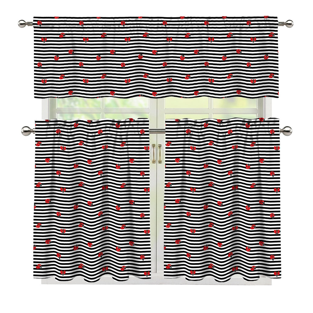Ladybug Striped Pattern Print 3 Piece Kitchen Curtains