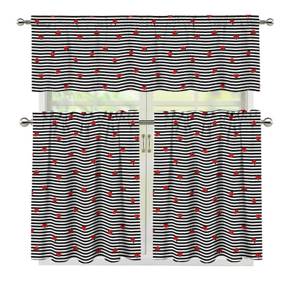 Ladybug Striped Pattern Print 3 Piece Kitchen Curtains