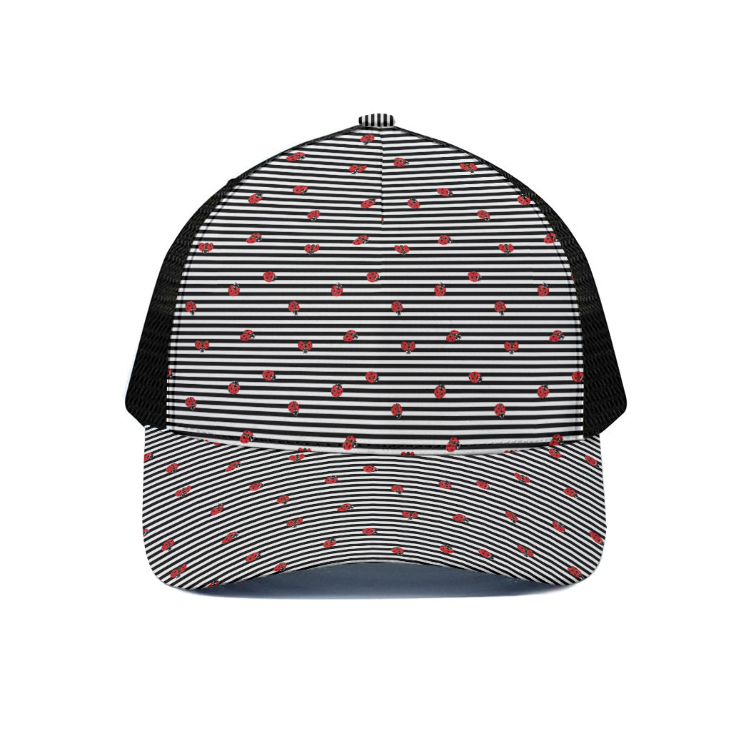 Ladybug Striped Pattern Print Black Mesh Trucker Cap