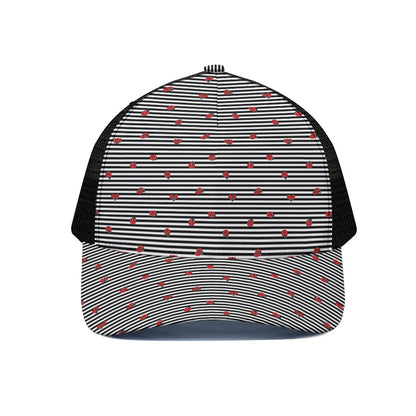 Ladybug Striped Pattern Print Black Mesh Trucker Cap