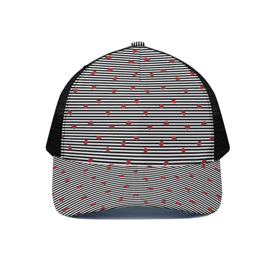 Ladybug Striped Pattern Print Black Mesh Trucker Cap