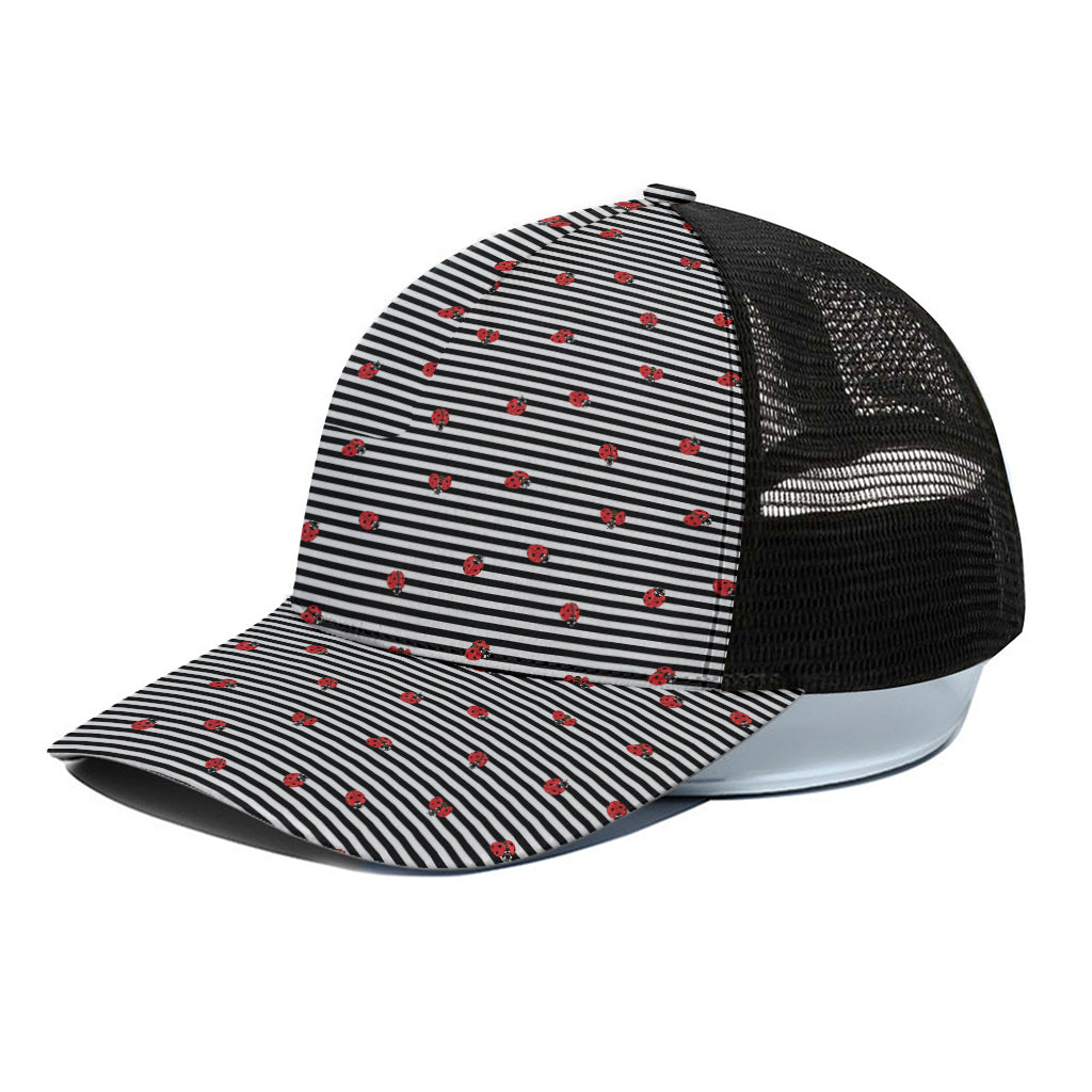 Ladybug Striped Pattern Print Black Mesh Trucker Cap
