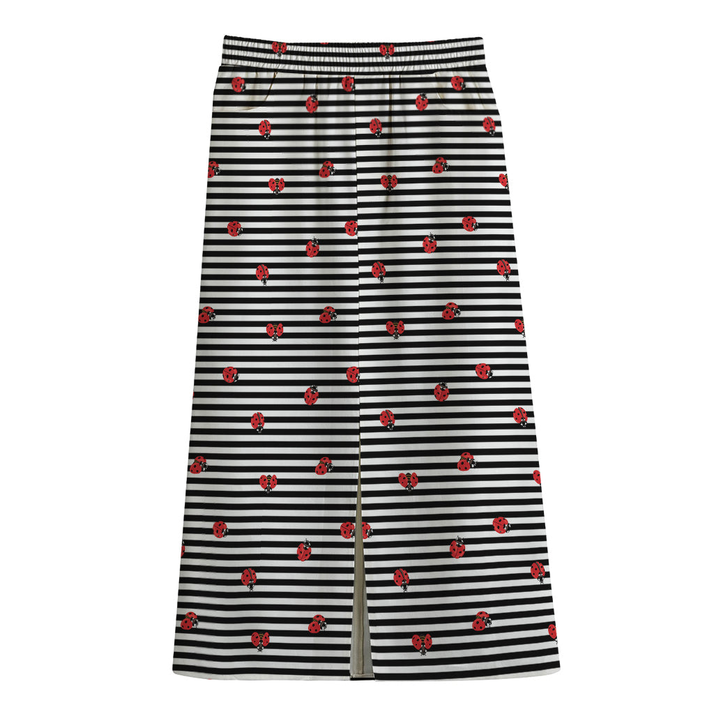 Ladybug Striped Pattern Print Cotton Front Slit Maxi Skirt
