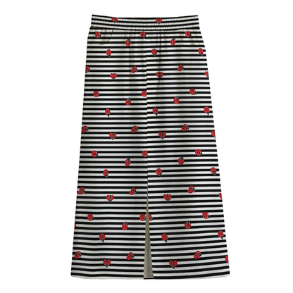 Ladybug Striped Pattern Print Cotton Front Slit Maxi Skirt