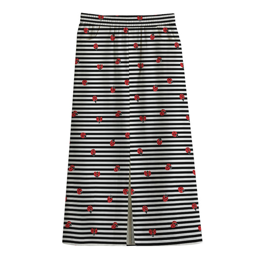 Ladybug Striped Pattern Print Cotton Front Slit Maxi Skirt