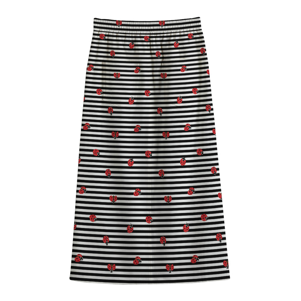 Ladybug Striped Pattern Print Cotton Front Slit Maxi Skirt