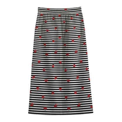 Ladybug Striped Pattern Print Cotton Front Slit Maxi Skirt