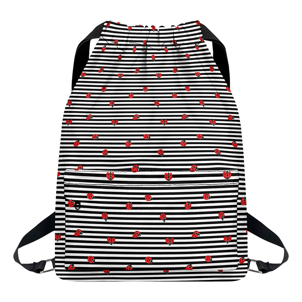 Ladybug Striped Pattern Print Drawstring Backpack