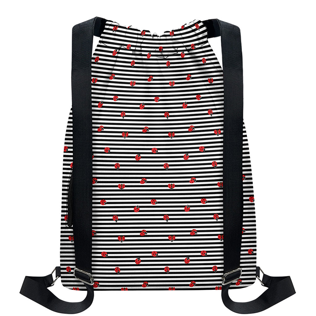 Ladybug Striped Pattern Print Drawstring Backpack