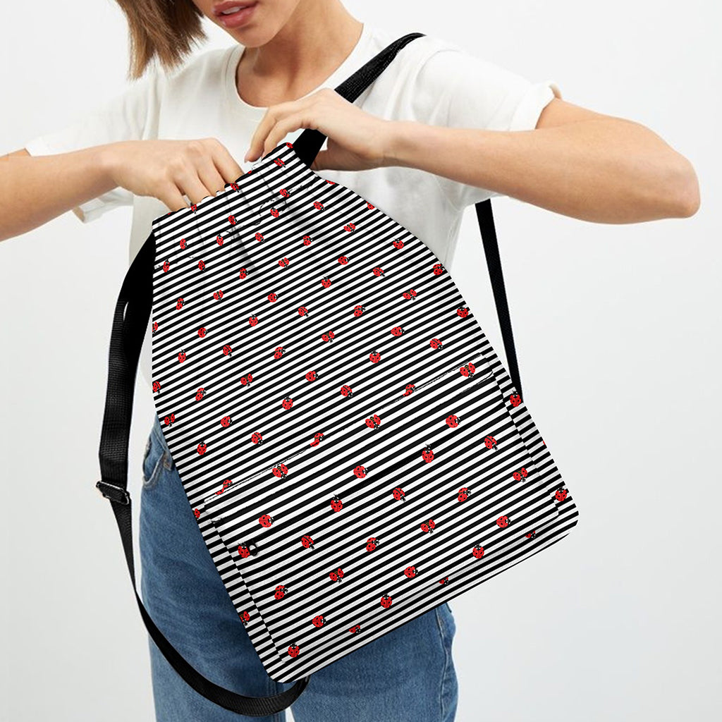 Ladybug Striped Pattern Print Drawstring Backpack
