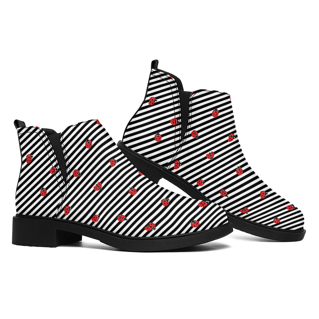 Ladybug Striped Pattern Print Flat Ankle Boots