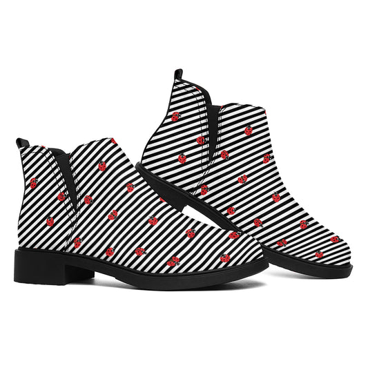 Ladybug Striped Pattern Print Flat Ankle Boots