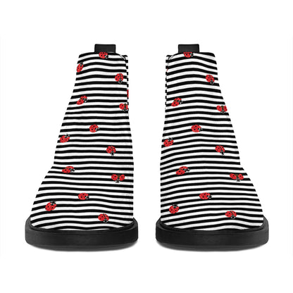 Ladybug Striped Pattern Print Flat Ankle Boots