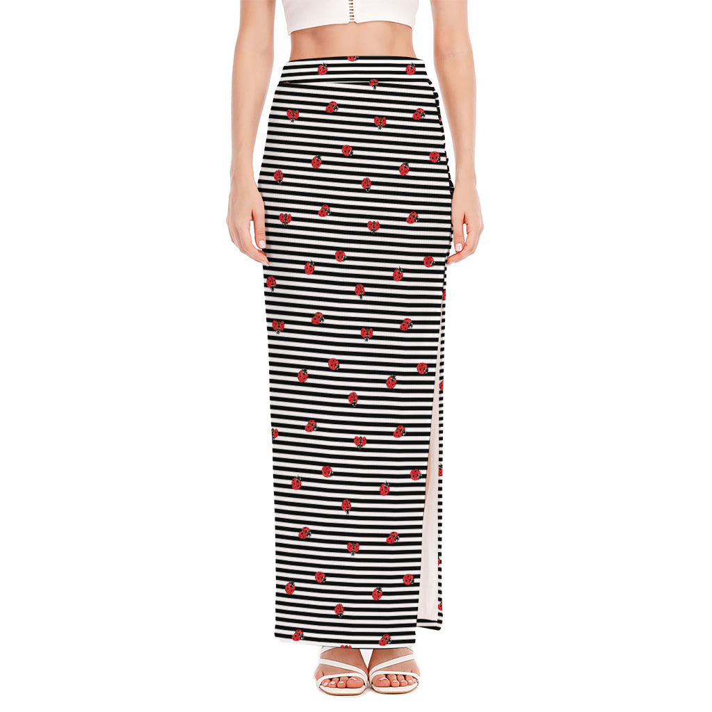Ladybug Striped Pattern Print High Slit Maxi Skirt