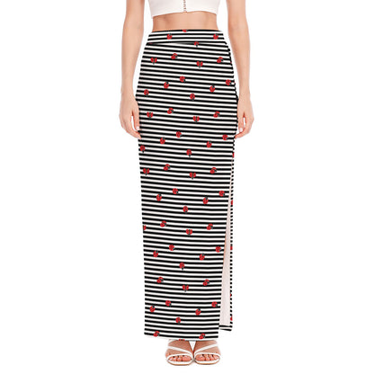 Ladybug Striped Pattern Print High Slit Maxi Skirt
