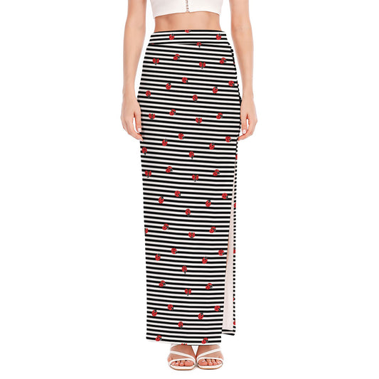Ladybug Striped Pattern Print High Slit Maxi Skirt