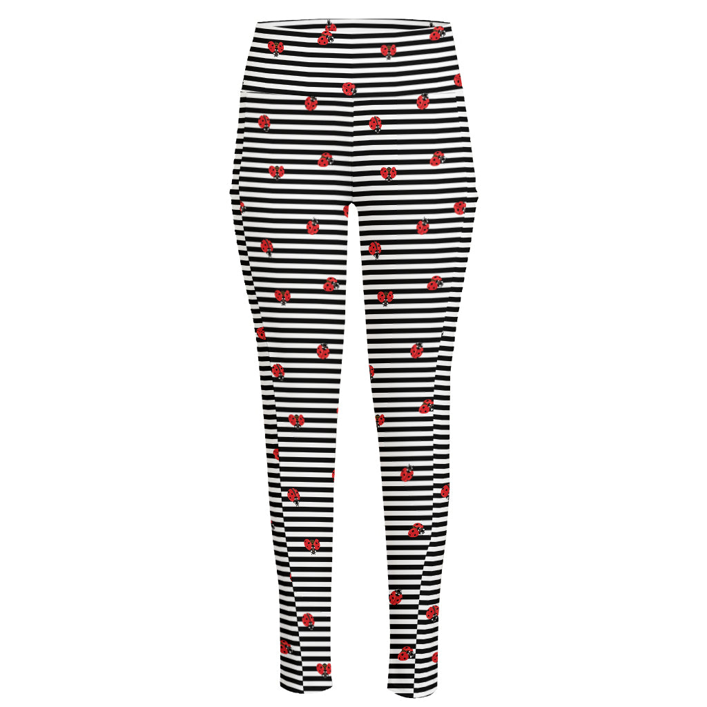 Ladybug Striped Pattern Print High-Waisted Pocket Leggings