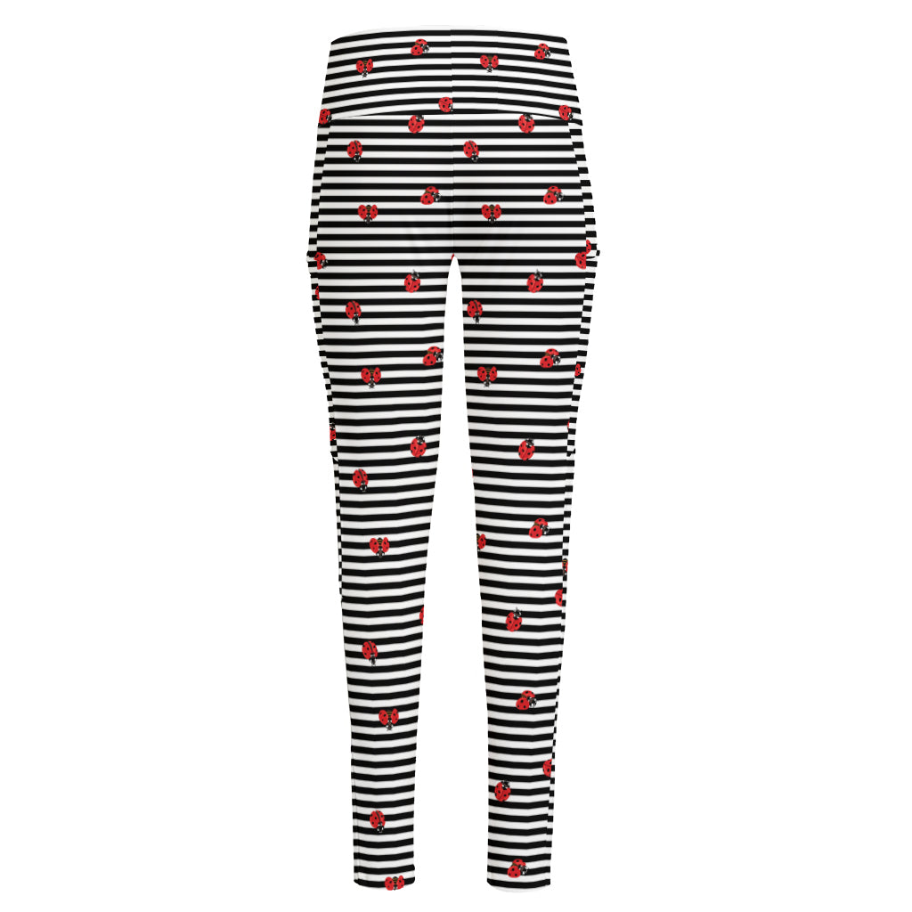 Ladybug Striped Pattern Print High-Waisted Pocket Leggings