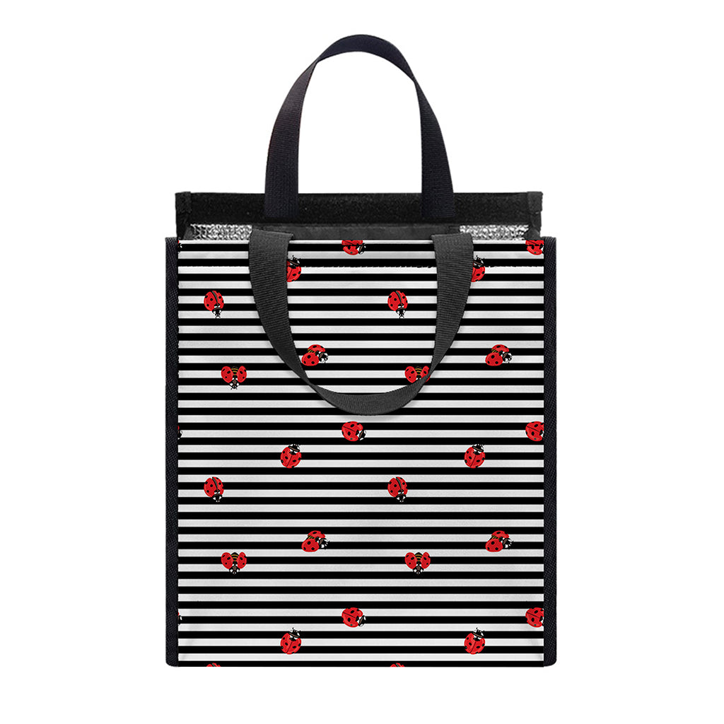 Ladybug Striped Pattern Print Insulated Lunch Tote