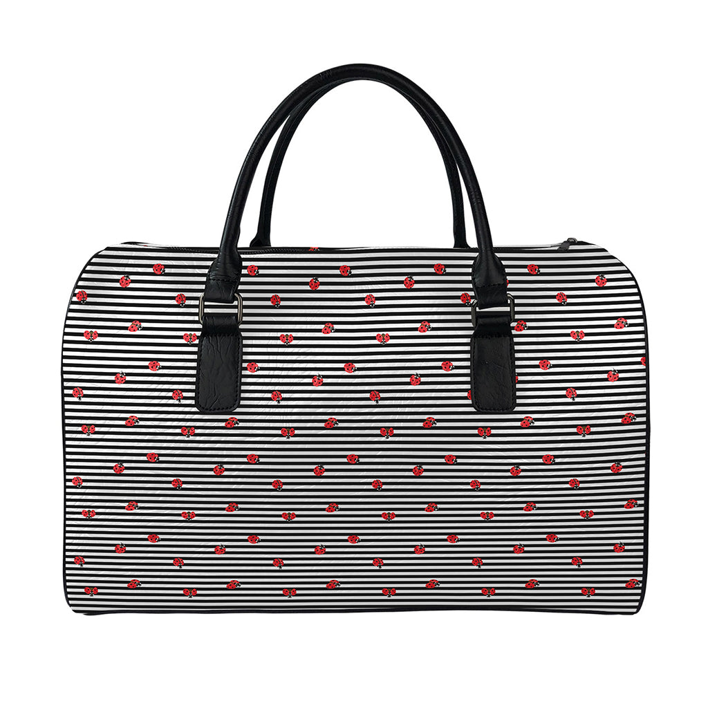 Ladybug Striped Pattern Print Leather Duffle Bag