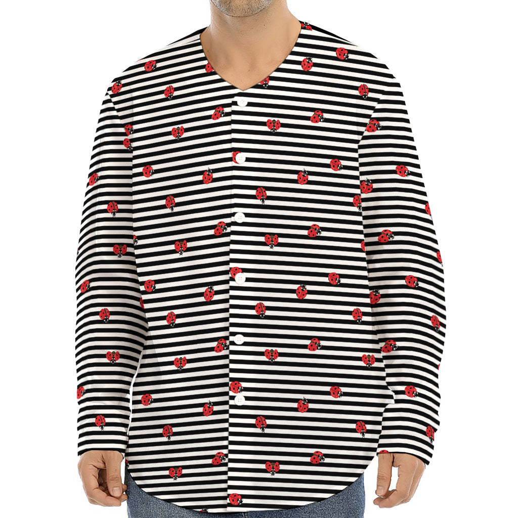 Ladybug Striped Pattern Print Long Sleeve Baseball Jersey