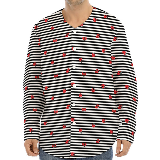 Ladybug Striped Pattern Print Long Sleeve Baseball Jersey