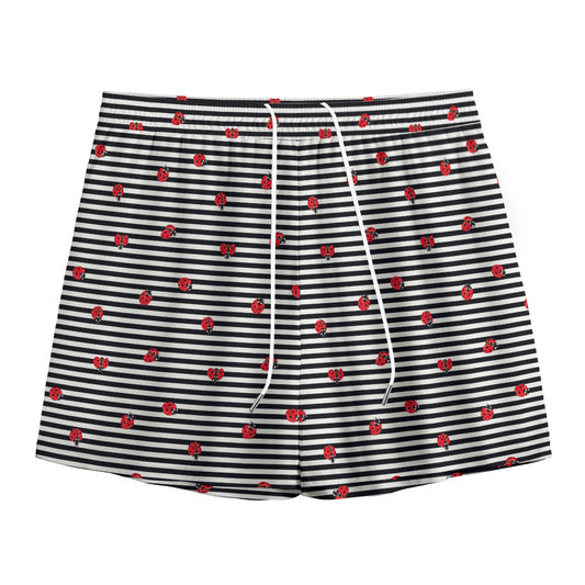 Ladybug Striped Pattern Print Mesh Shorts